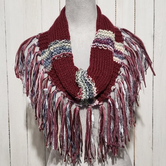 NEW Hand Knitted Burgundy Multi Infinity Boho Cowl Scarf Fringe Artsy Indie - Picture 3 of 6